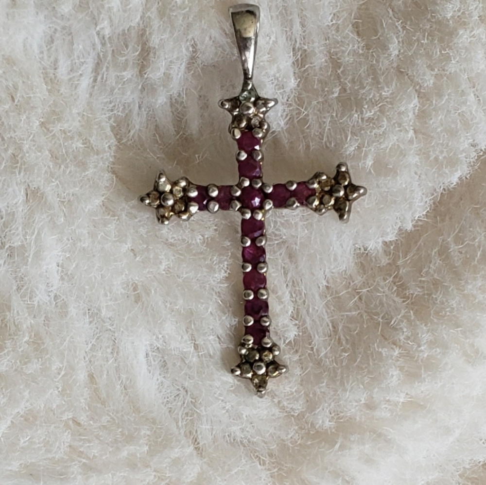 Ruby Cross Sterling Silver Stamped 925 Pendant - image 3